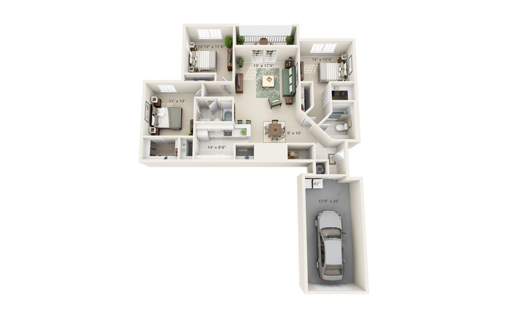 Ambrosia - 3 bedroom floorplan layout with 2 baths and 1309 square feet.