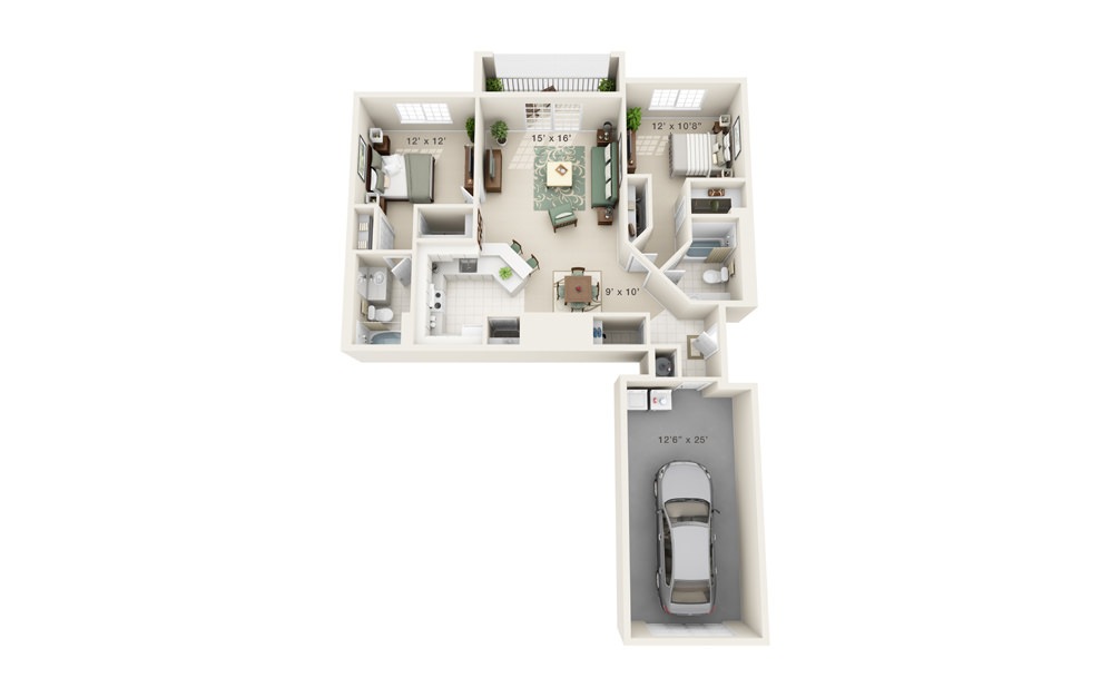 Hibiscus - 2 bedroom floorplan layout with 2 baths and 1121 square feet.