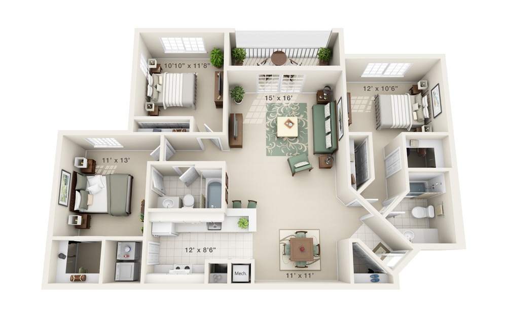 Jasmine - 3 bedroom floorplan layout with 2 baths and 1313 square feet.