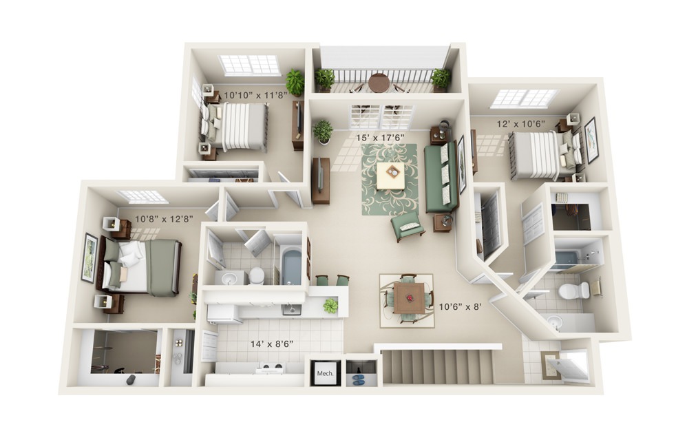Magnolia - 3 bedroom floorplan layout with 2 baths and 1393 square feet.