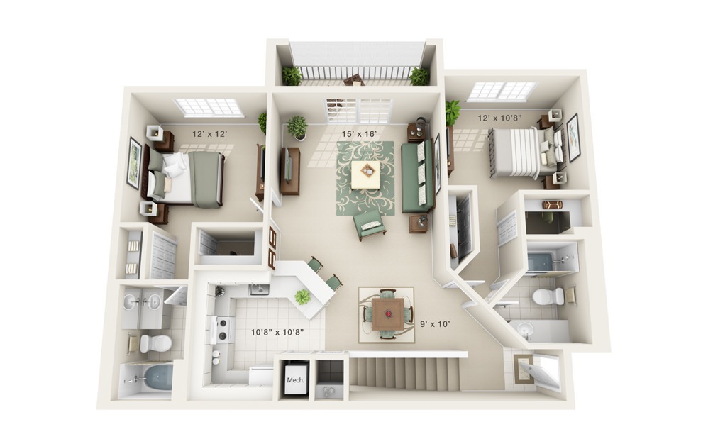 Orchid - 2 bedroom floorplan layout with 2 baths and 1161 square feet.